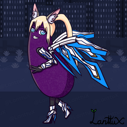 A eggplant rootie with light brown fox ears, light blue eyes, beautiful long blonde hair on a ponytail and white and blue mecha wings. Mecha armor pieces on his arms and legs with futuristic mecha high heels. The text "Bonssuli" is written on the right sid