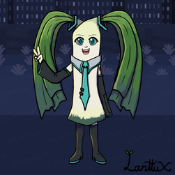 A leek rootie Hatsune Miku showing a peace sign. A humanoid leek with Hatsune Mikus ascessories on her legs, arms, neck and leaves. The text "Leek + Hatsune Miku" is written on the bottom right corner.