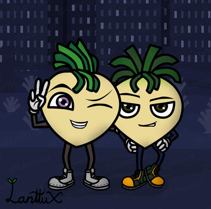 The turnip twins Twig and Sprout. Twig is looking smuggly to the left while Sprout is winking and showing a peace sign with her right hand.