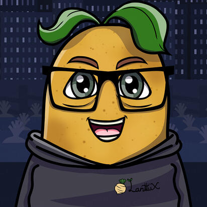 A potato rootie called Jimmy. Small potato leafes on his head. He is wearing glasses and Lanttu merch hoodie.