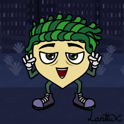 Lanttu the turnip rootie hyped up. Looking excited while crouching and holding both fists up.