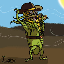 corn rootie with a cowboy hat, eating a glizzy