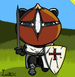 Crusader like rootie with chestnut qualities, badger like head and chestnut helmet. Holding a crusader sword and shield, wearing crusader armor