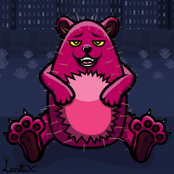 A purple prickly cartoon bear in a form of prickly pear sitting down