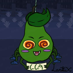 A cute pear spider rootie with hypnotizing eyes, a cute little mouth with spider fangs and blush cheecks, 6 legs with blue croc shoes on each foot and 2 arms. He is holding a paper that reads his name: LLA