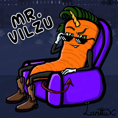 A carrot rootie with a unicorn horn and a devils tail. He has some cool deal with it glasses. He is sitting on a purple couch. His name Mr. Vilzu written above him.