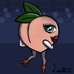 A picture of peach rootie Ms Peach. She is in front of a christmas tree looking back at the viewer. She has a santa hat on.